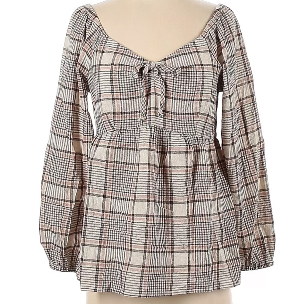 NWOT AVLN Studio by Stitch Fix, Beige Plaid Boho Off‎ Shoulder Blouse, X-Large